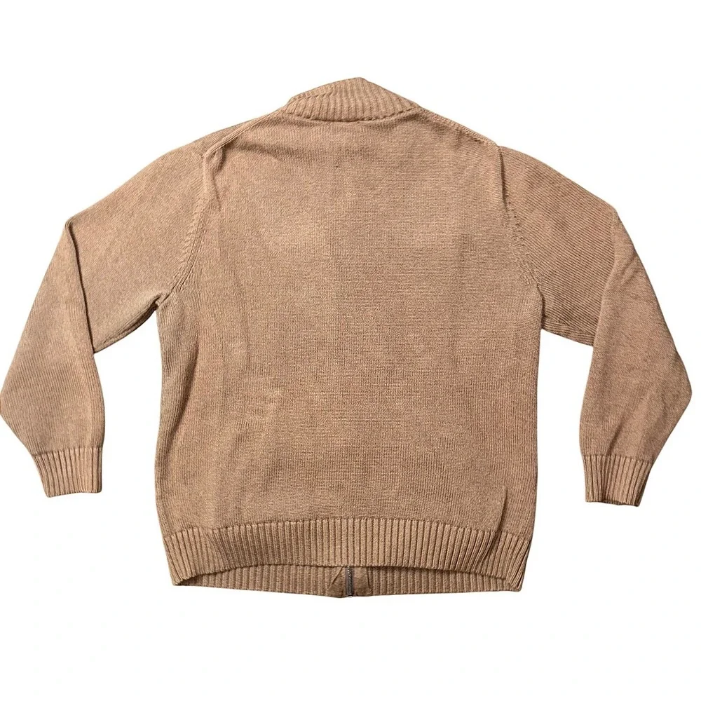 LL Bean Mens Large Full Zip Cotton Cardigan Sweater Tan Brown Mock Neck HJS6